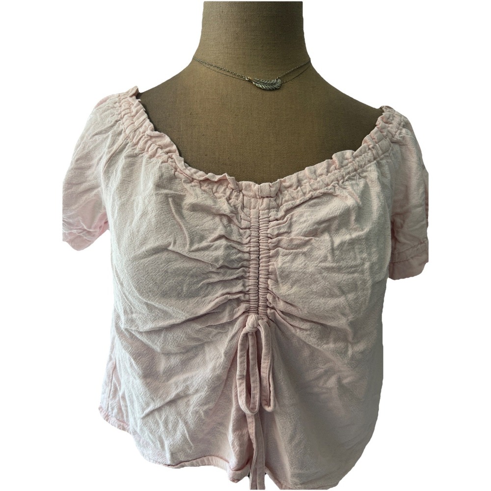 Vera‎ Moda Linen Cropped Ruffle Blush Top Medium Short Sleeve Boho Romantic